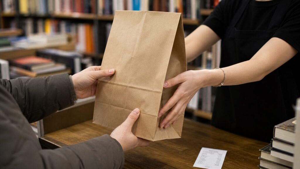 Покупатель забирает бумажный пакет на кассе книжного магазина