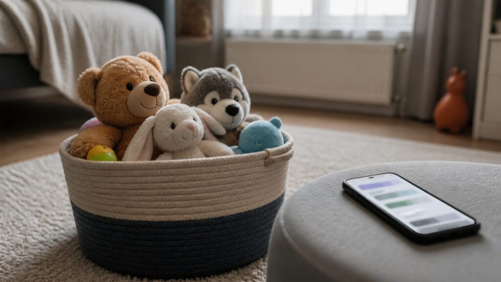 Детская комната с коробками игрушек и смартфоном на столе