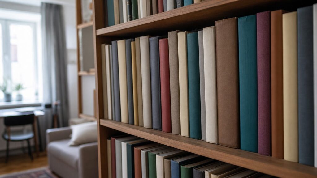 Домашняя книжная полка с плотно стоящими книгами, корешки без надписей