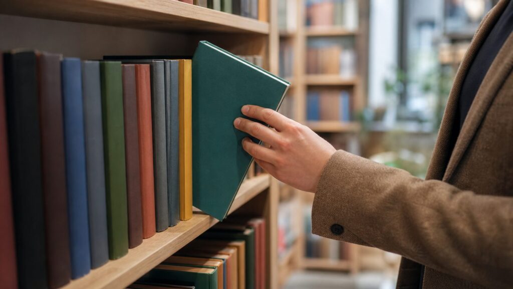 Человек выбирает книгу у стеллажа, лицо вне кадра, обложки нечитаемы