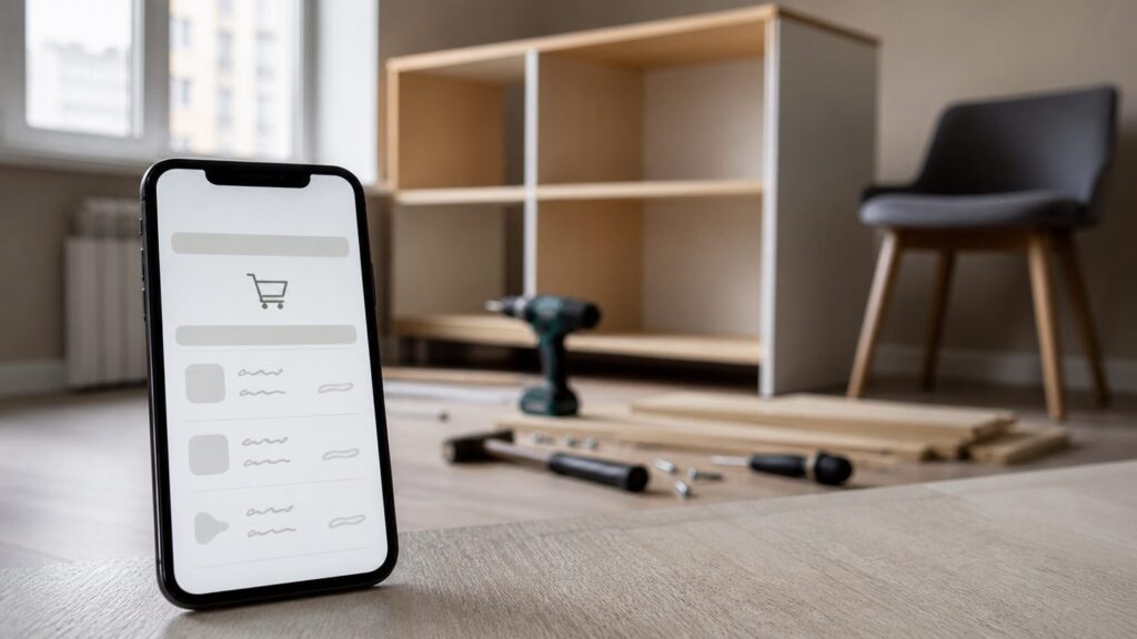 Смартфон с корзиной мебельного заказа на фоне частично собранной мебели