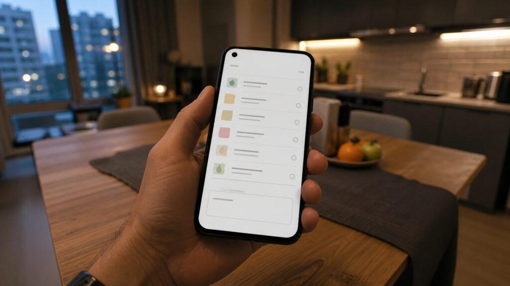 Экран смартфона с оформлением заказа доставки и полем для кода, на фоне кухонный стол
