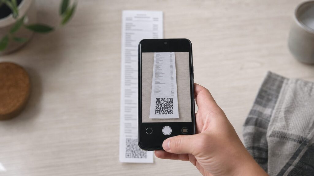 Кассовый чек с QR-кодом рядом со смартфоном