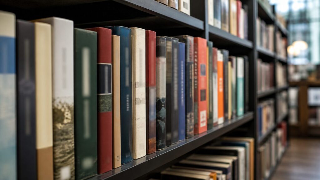 Полки книжного магазина с корешками книг без читаемых надписей
