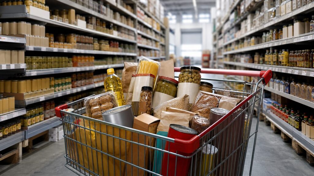 Тележка с продуктами в торговом зале гипермаркета