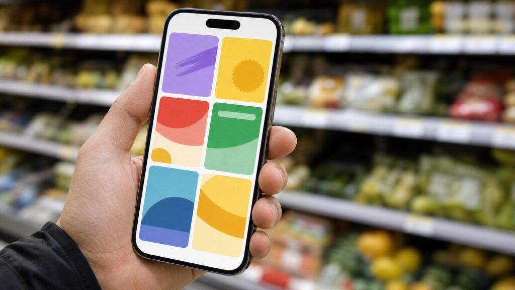 Смартфон с открытым каталогом акций продуктового магазина