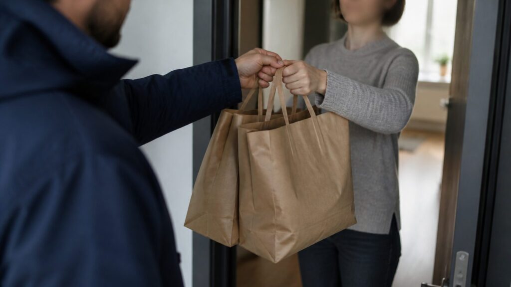 Курьер передаёт пакеты с продуктами у двери квартиры