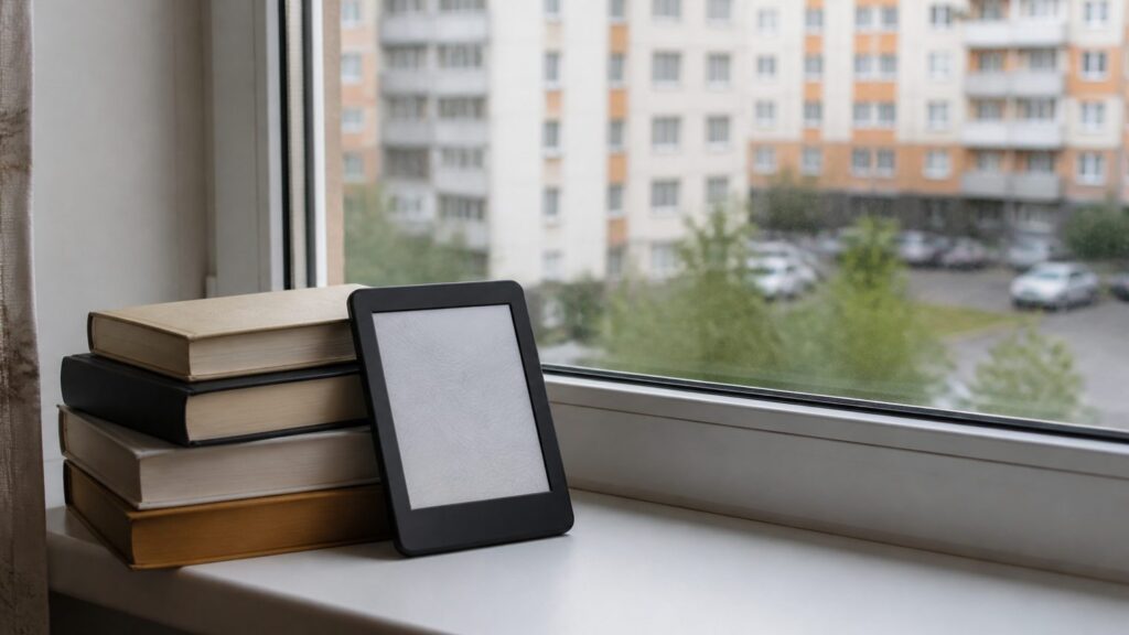 Стопка бумажных книг рядом с электронной читалкой на подоконнике
