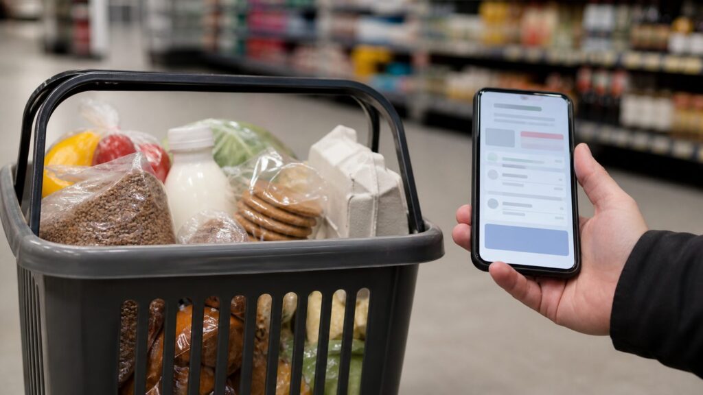 Корзина продуктов и экран приложения с минимальной суммой заказа