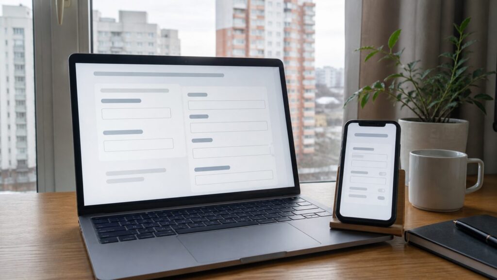 Смартфон с открытым личным кабинетом оператора и ноутбук с корзиной интернет-магазина