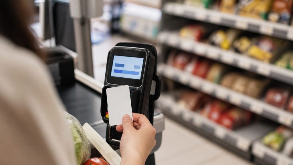 Оплата покупки картой на кассе продуктового магазина