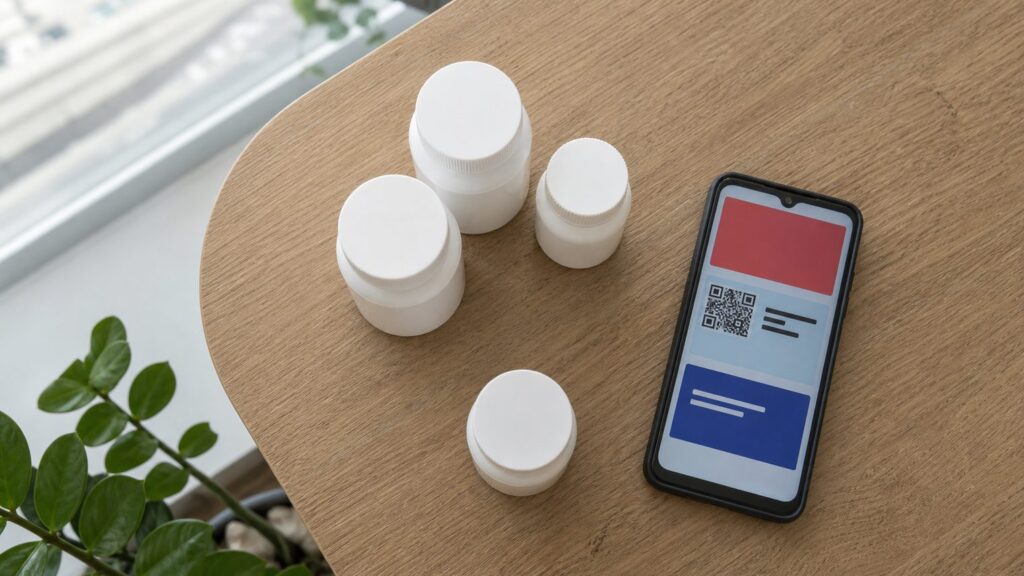 Упаковки витаминов и средств ухода на светлом столе рядом со смартфоном