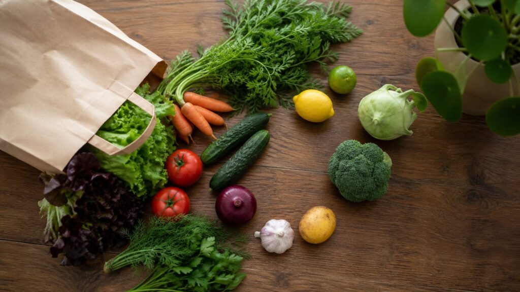 Свежие овощи и фрукты в пакете доставки продуктов