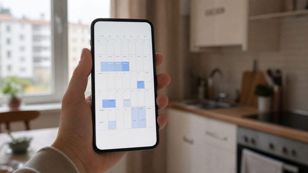 Календарь цен на месяц на экране смартфона, часть дней выделена цветом