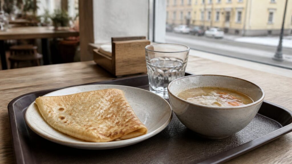 Витрина кафе русской кухни с блинами, кашами и супами на подносе