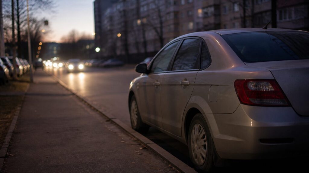 Автомобиль такси у обочины городской улицы вечером