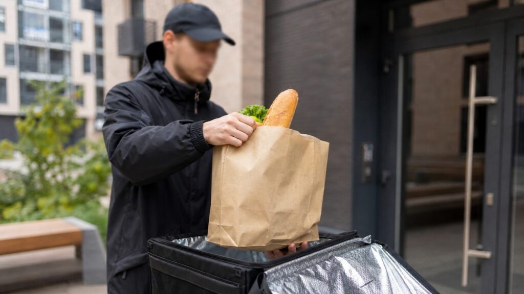 Курьер с жёлтой сумкой у подъезда и пакет с продуктами