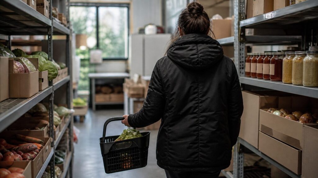 Полки склада экспресс-доставки с продуктами и сборщик заказов