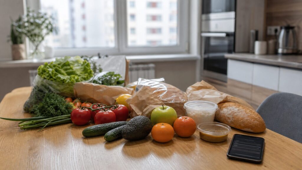 Стол с продуктами из доставки и смартфон с приложением экспресс-доставки