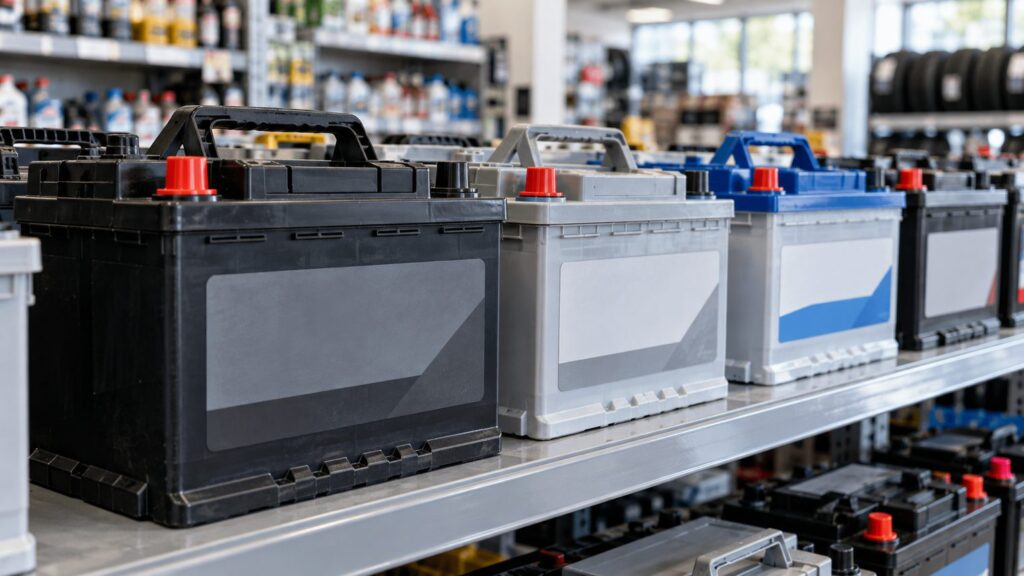 Ряд новых автомобильных аккумуляторов на стеллаже магазина