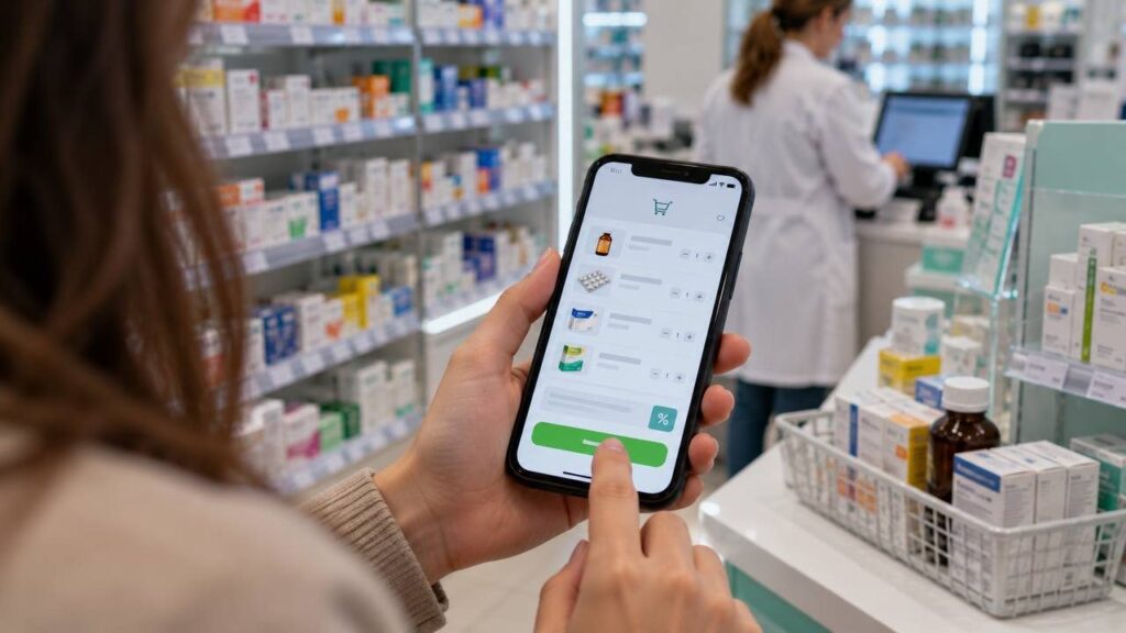 Покупатель в аптеке держит телефон с открытым приложением аптеки, на экране корзина с лекарствами и поле для промокода
