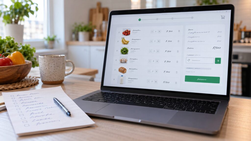 Смартфон с открытой корзиной интернет-магазина продуктов и полем для промокода