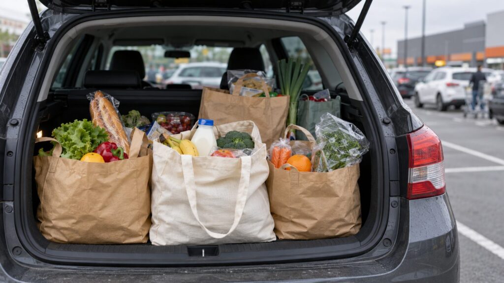 Пакеты с продуктами на кухонном столе после доставки, рядом чек и телефон