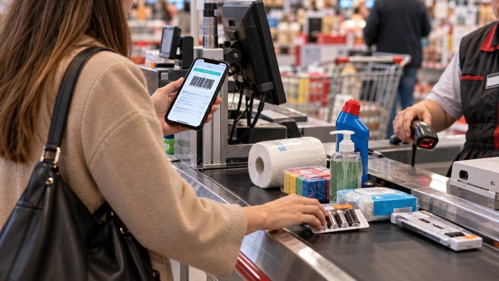 Покупательница выкладывает на ленту кассы бытовые мелочи и держит телефон со штрих-кодом