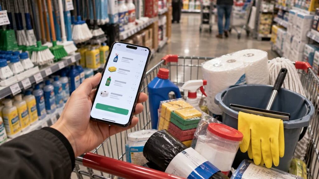 Рука держит смартфон над корзиной с хозяйственными товарами в магазине