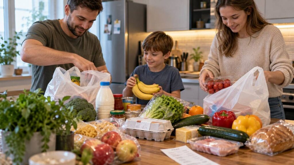 Семья раскладывает продукты из пакетов на кухонном столе после покупок