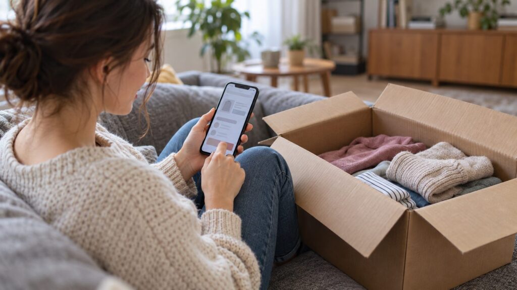 Женщина сидит на диване со смартфоном и открытой коробкой с одеждой рядом