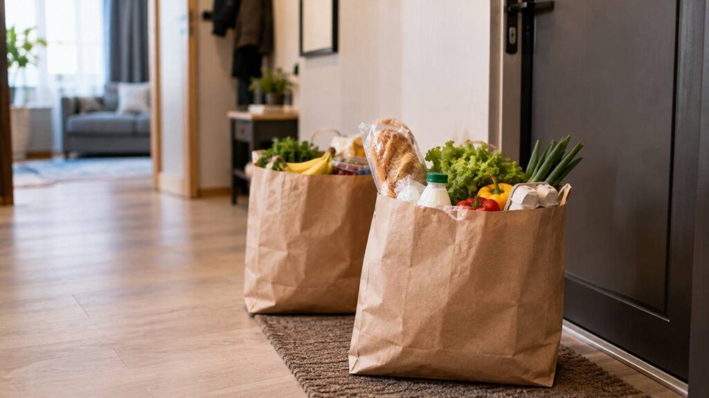 Пакеты с продуктами из доставки стоят у входной двери квартиры