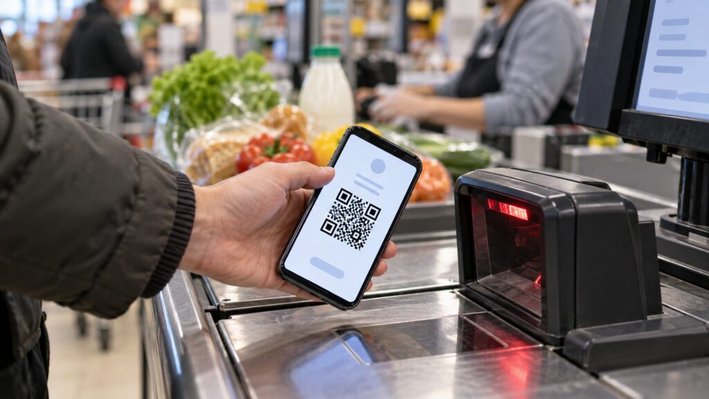 Покупатель у кассы продуктового магазина держит смартфон с QR-кодом над сканером