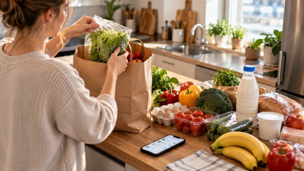 Пакет с продуктами и овощами стоит на столе в прихожей сразу после доставки