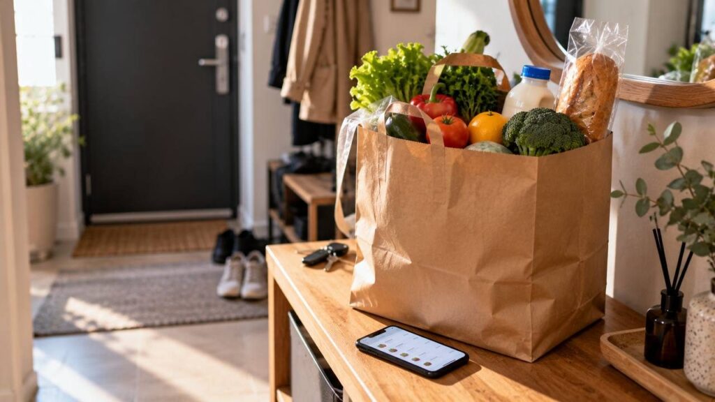 Женщина на кухне разбирает доставленные продукты из бумажного пакета, рядом лежит смартфон