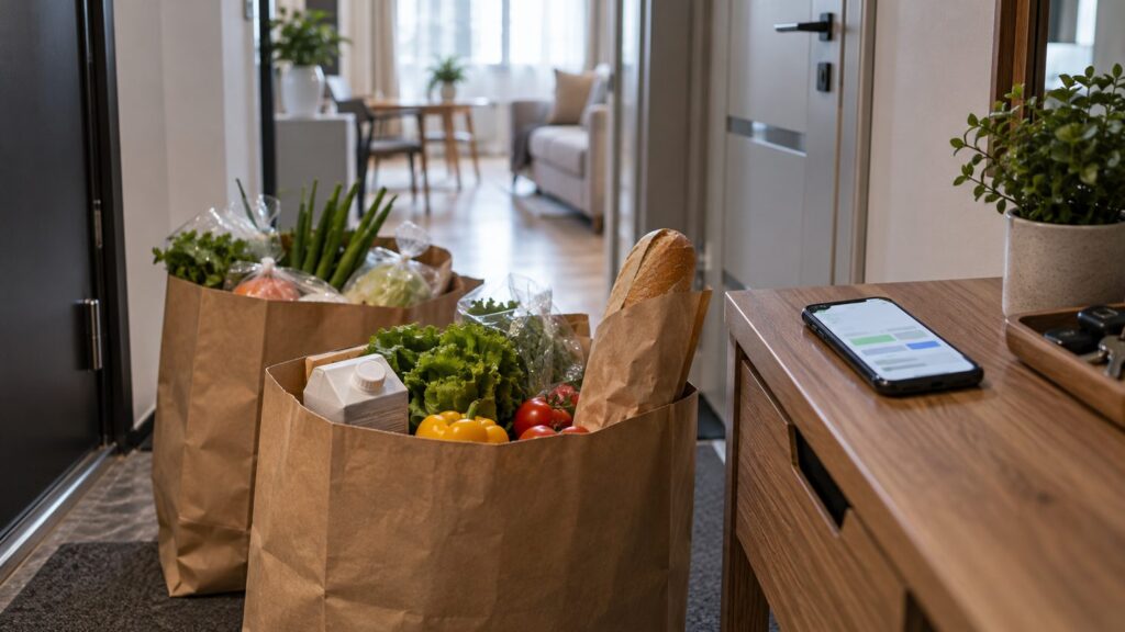 Пакеты с продуктами на пороге квартиры, рядом смартфон на тумбе в прихожей