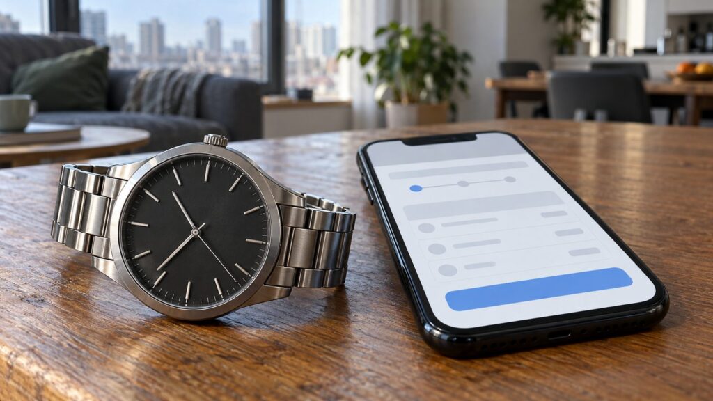 Мужские наручные часы с металлическим браслетом лежат рядом со смартфоном, на экране открыто оформление заказа