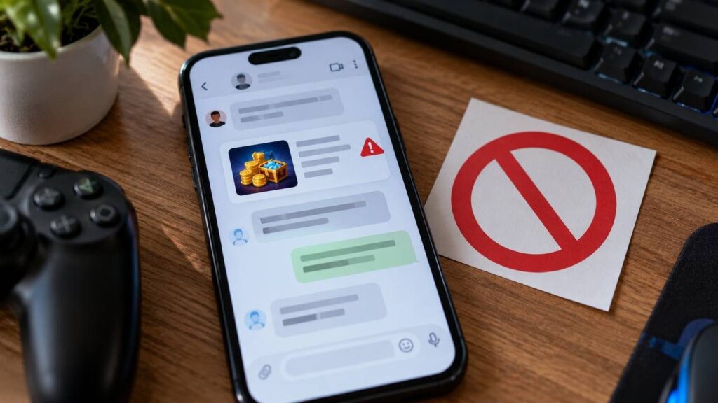 Смартфон на столе с открытым чатом, где незнакомец предлагает игровую валюту за пароль, рядом знак запрета