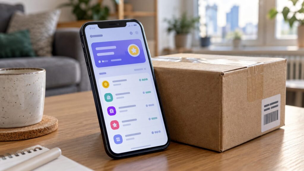 Смартфон с открытым личным кабинетом и списком бонусных баллов, рядом картонная посылка на столе