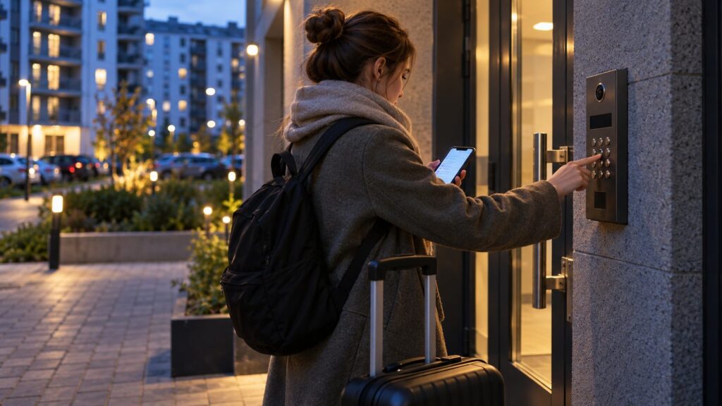 Девушка с чемоданом стоит у входной двери квартиры и смотрит в смартфон с открытым приложением аренды жилья