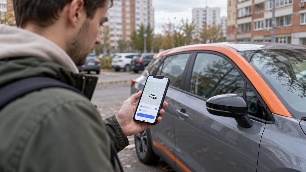 Водитель стоит у городской машины каршеринга на парковке и держит смартфон с открытым приложением