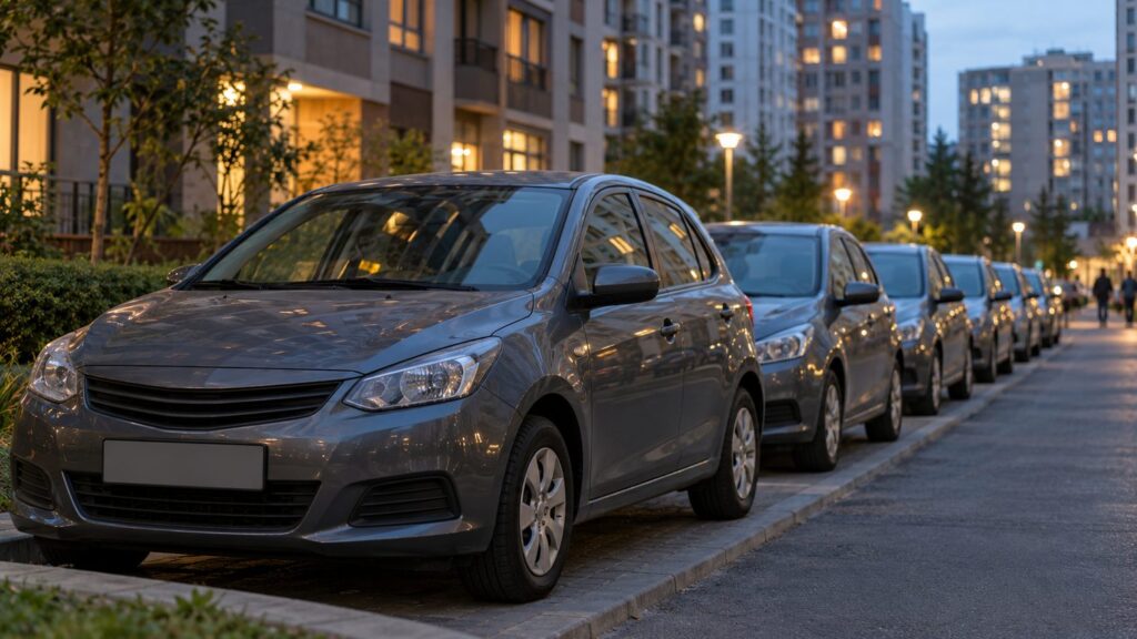Ряд припаркованных городских автомобилей одного цвета у жилого квартала вечером