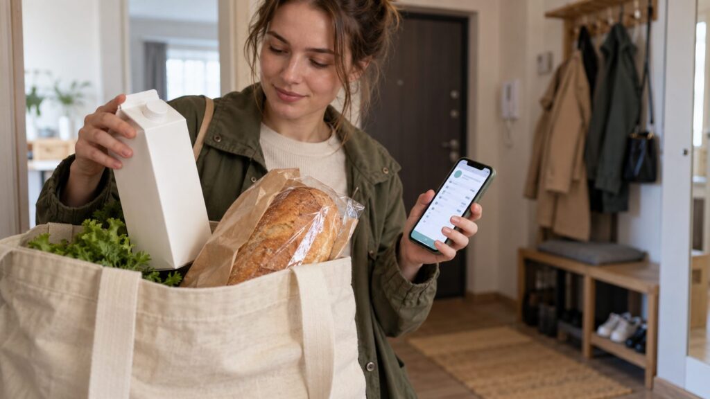 Пакеты с продуктами у двери квартиры после доставки, рядом смартфон с открытым заказом