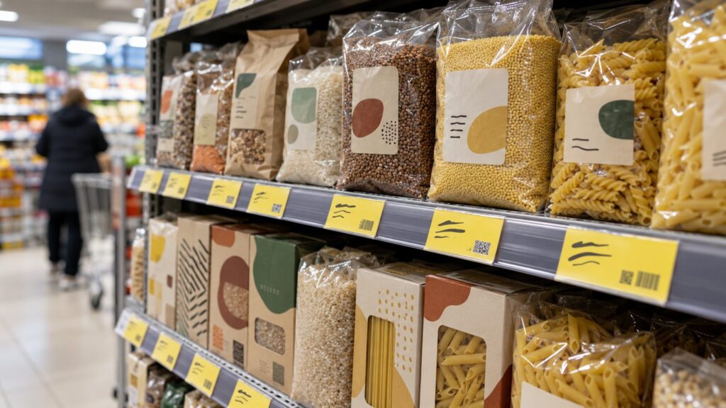 Курьер с сумкой продуктов у подъезда жилого дома