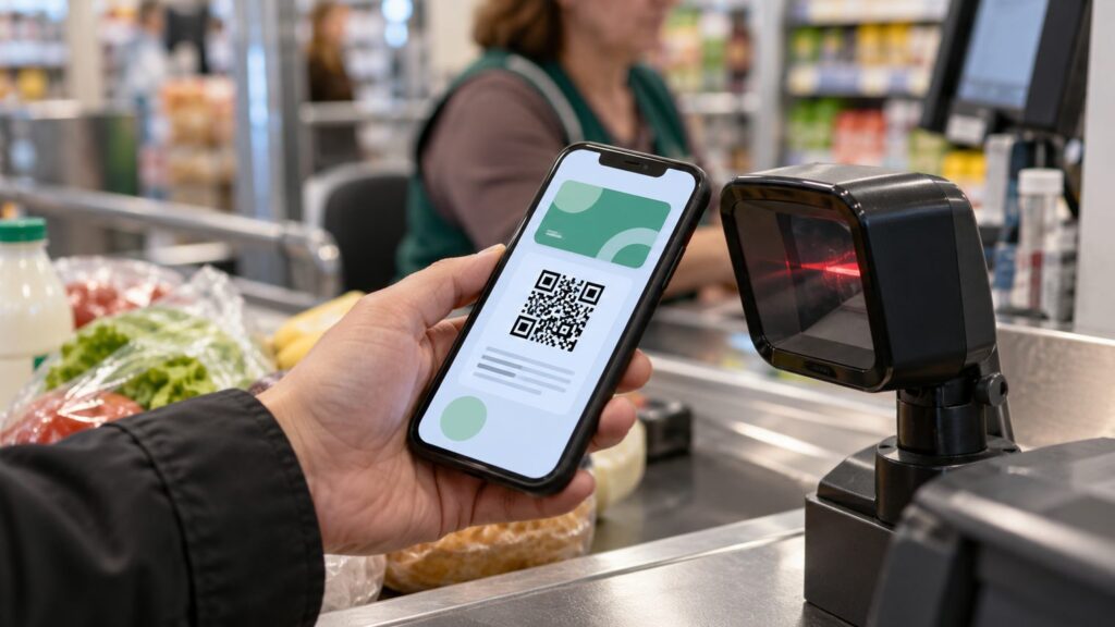 Покупатель держит смартфон с виртуальной картой лояльности у кассы продуктового магазина