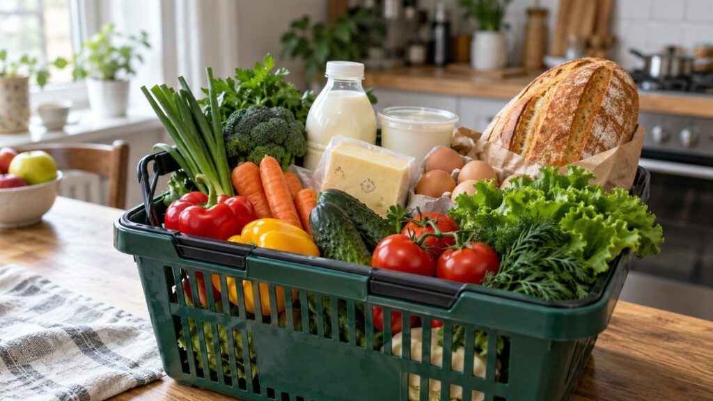 Корзина с молочными продуктами, овощами и хлебом на кухонном столе