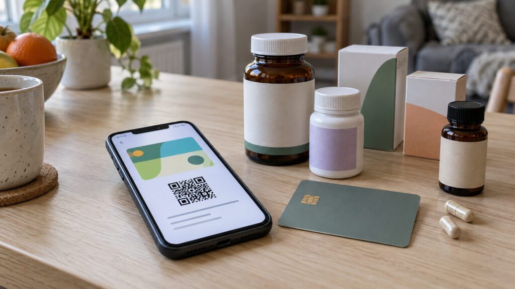 Смартфон с виртуальной бонусной картой аптеки и банковская карта на столе рядом с упаковками витаминов