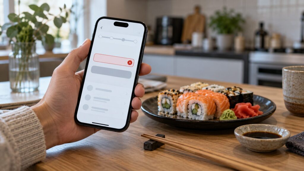 Рука держит смартфон над столом с роллами, на экране сообщение об ошибке при вводе кода