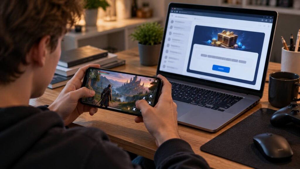Игрок держит смартфон с открытым фэнтезийным ролевым приключением, рядом на столе ноутбук с формой ввода кода