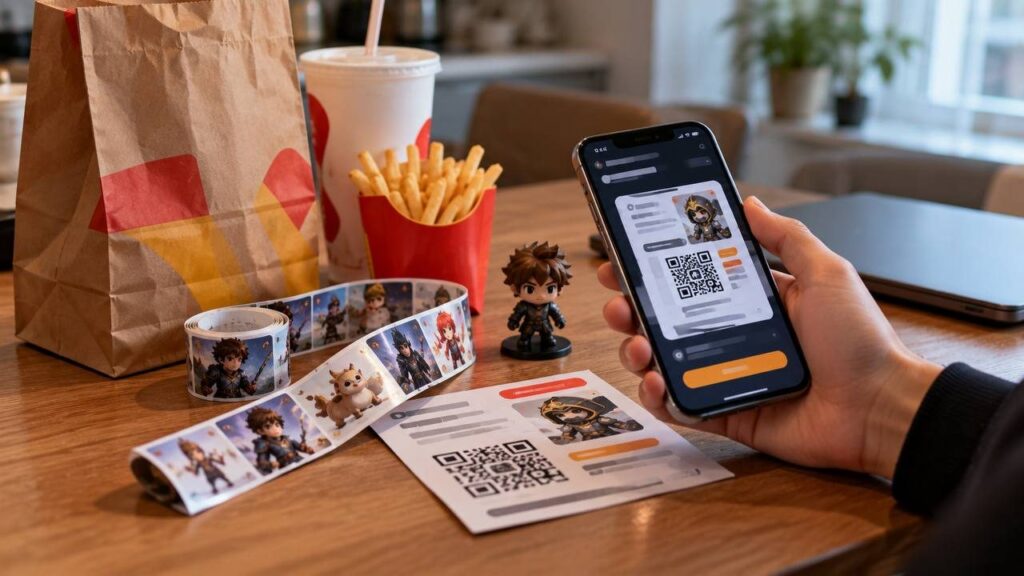 Бумажный пакет с едой из фастфуда, коллекционная лента и вкладыш с QR-кодом на столе рядом со смартфоном